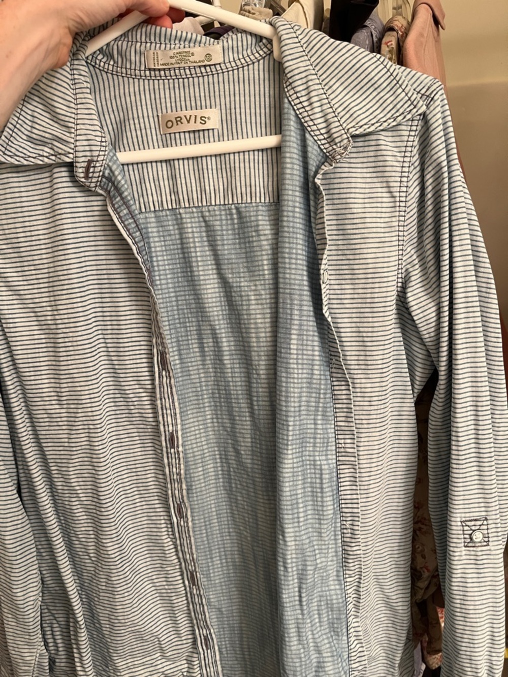 Orvis Light Blue and White Striped Casual Button-Down Shirt
